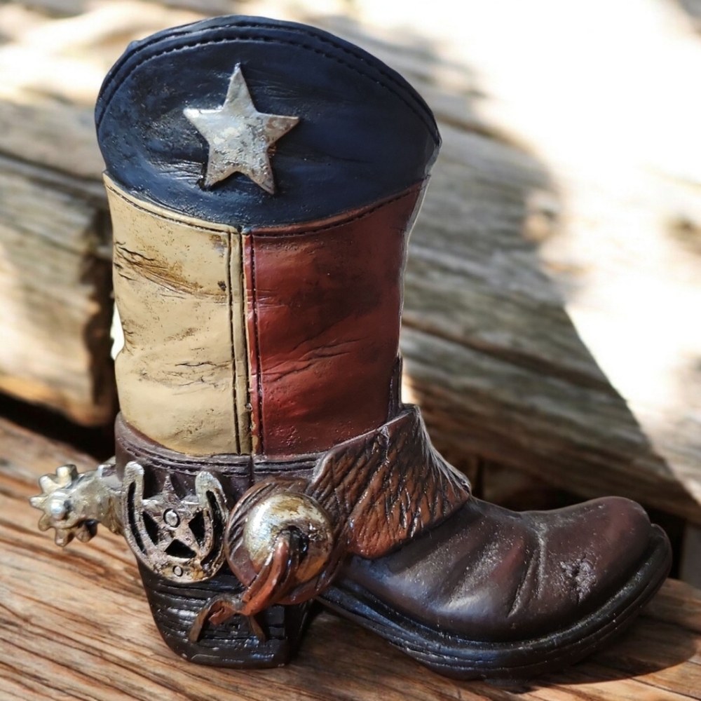 Texas Flag Mini Boot Figurine Vase Toothpick Pen Holder Rustic West Cowboy 4"